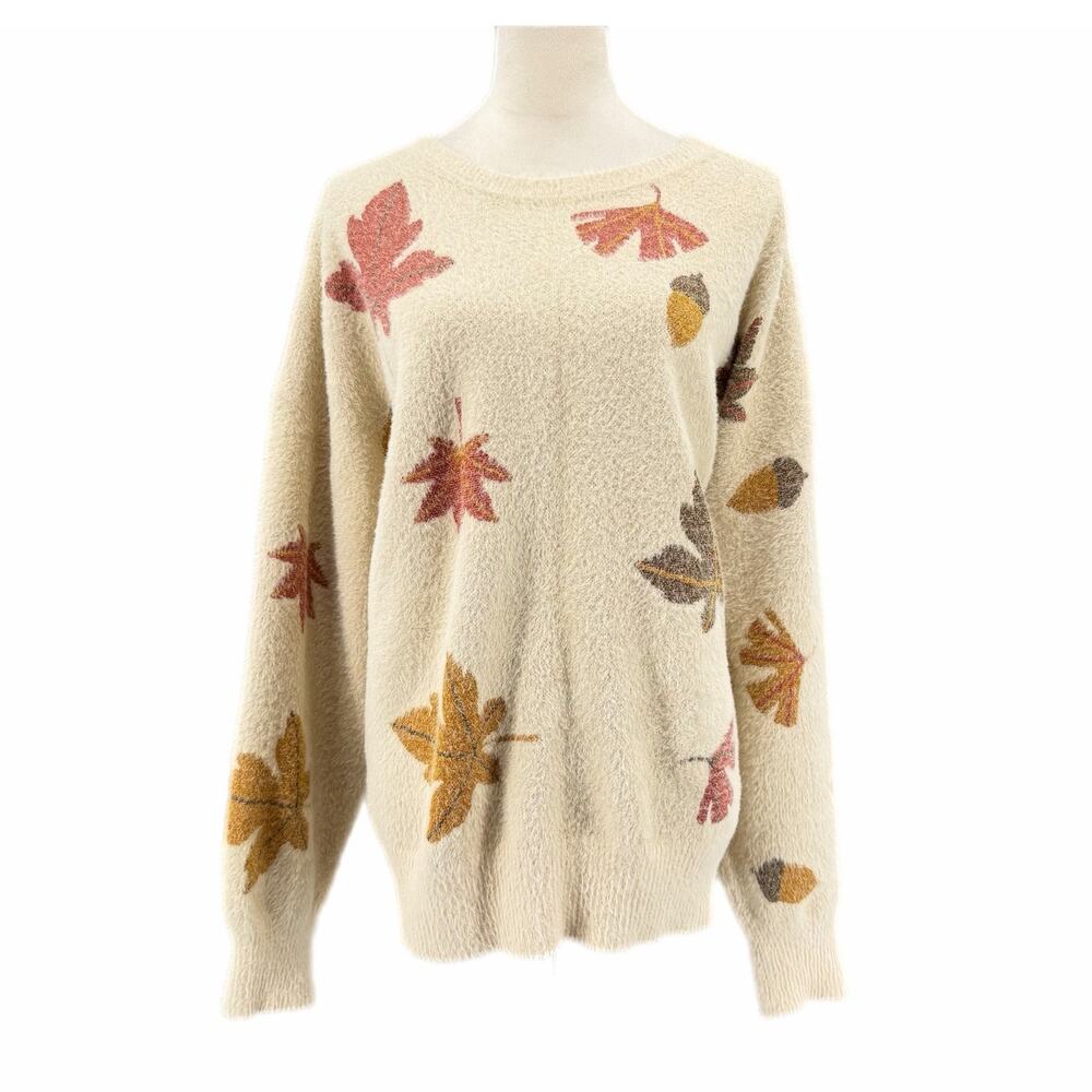 Fantastic Fawn Lg Cream Leaf Metallic Fuzzy Soft Knit Pullover Cozy Fall Sweater